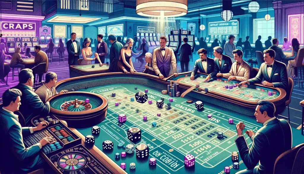 dynamic photo capturing the excitement around a craps table in a casino